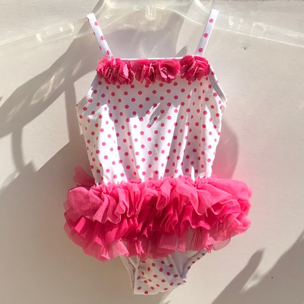 Little Me Pink White Polka Dot Girls Swimsuit